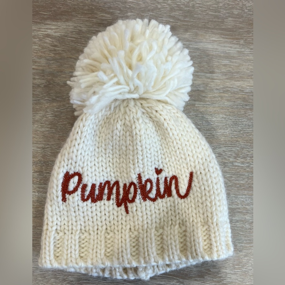 Cream Knit Beanie with 'Pumpkin' Embroidery